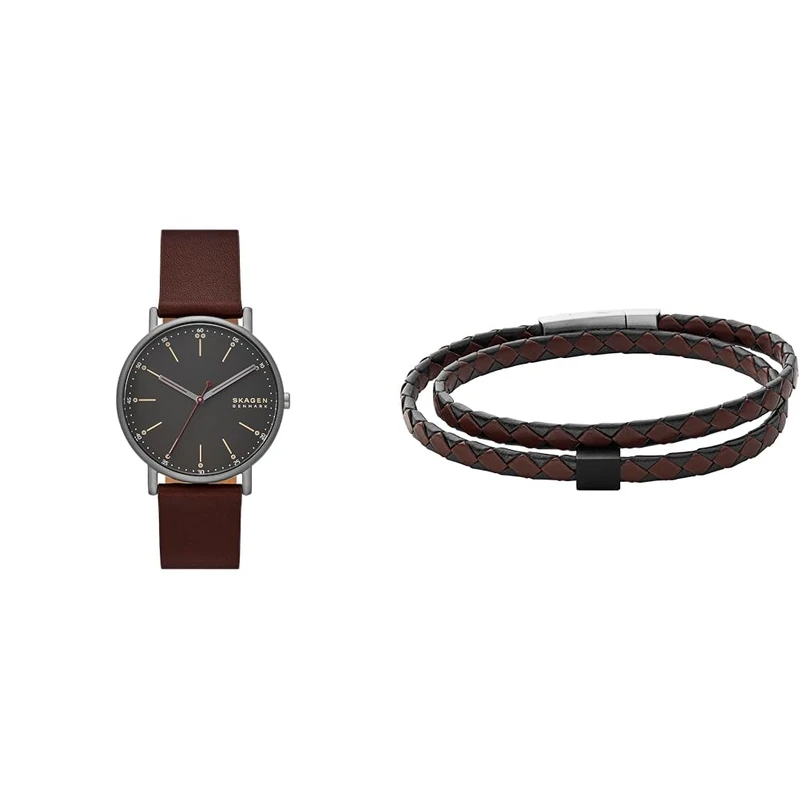 Skagen Men's Signatur Red Leather Watch and Hulsten Silver-Tone Stainless Steel Bracelet, Set