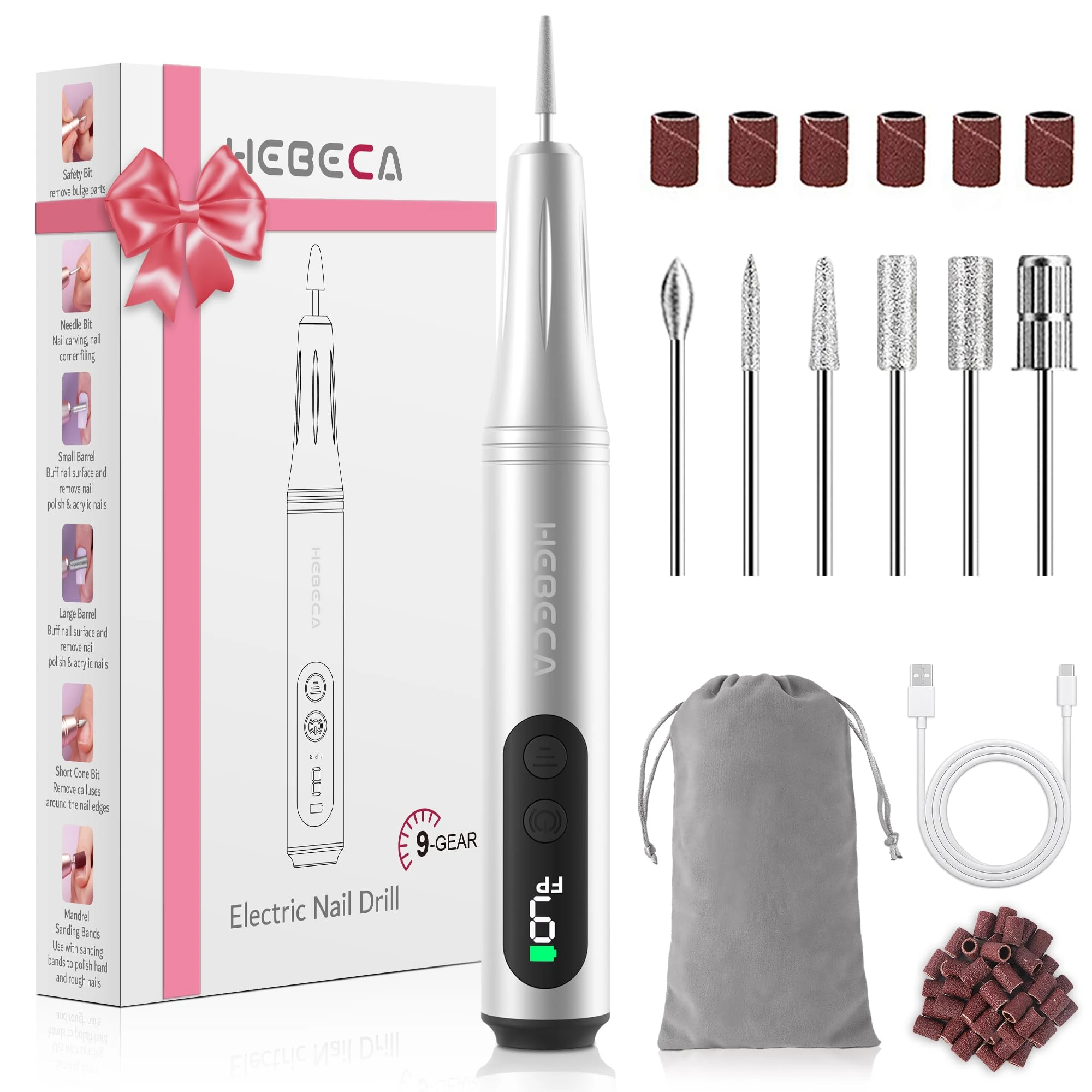 HEBECA Electric Nail Drill Professional - Electric Nail Files for Acrylic and Gel Nails 20000rpm - 12 in 1 Nail Drill Machine Manicure Pedicure Set Adjustable Speed E File Kit (Gold) (Silver)