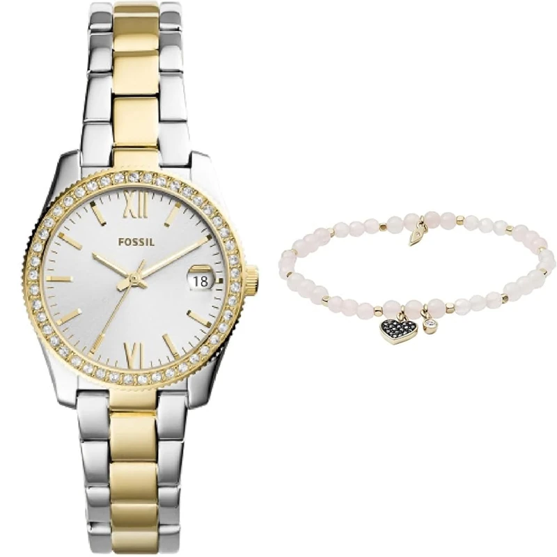 FOSSIL Women's Scarlette Mini Two-Tone Stainless Steel Watch and Pink Semi-Precious Bracelet, Set