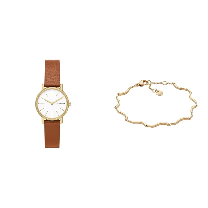 Skagen Women's Signatur Lille Brown Leather Watch and Essential Waves Gold-Tone Stainless Steel Bracelet, Set