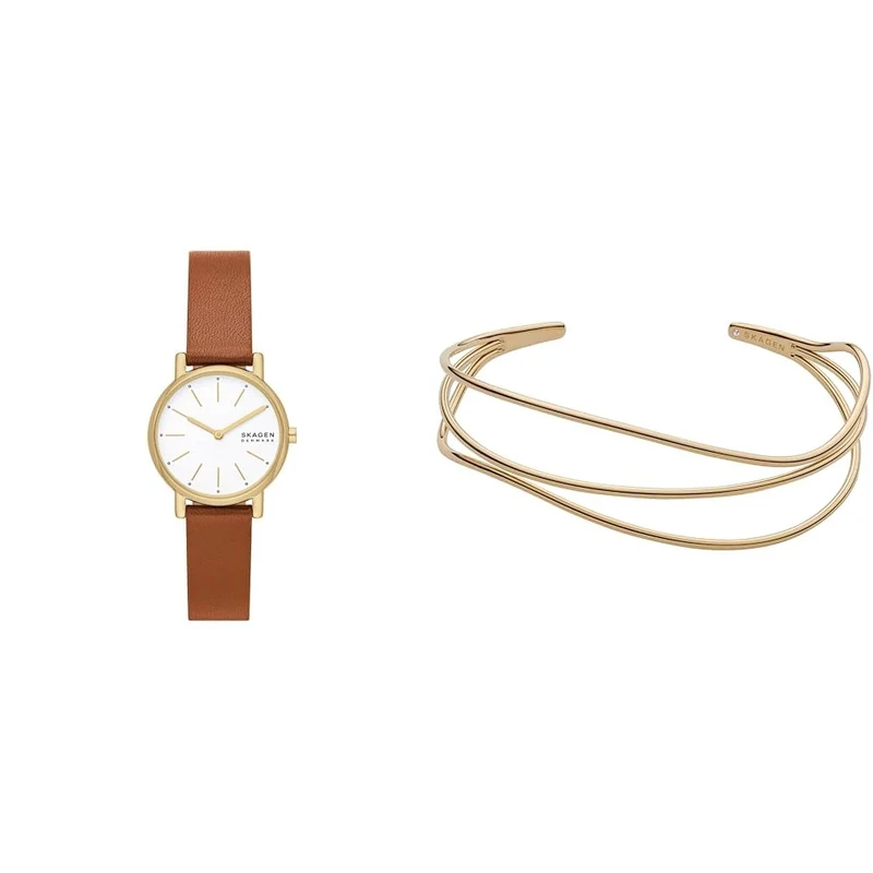 Skagen Women's Signatur Lille Brown Leather Watch and Kariana Gold-Tone Stainless Steel Bracelet, Set