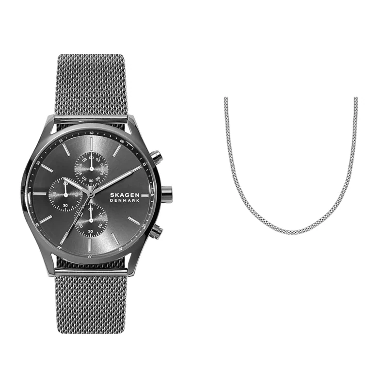 Skagen Men's Holst Grey Stainless Steel Watch and Silver-Tone Necklace, Set