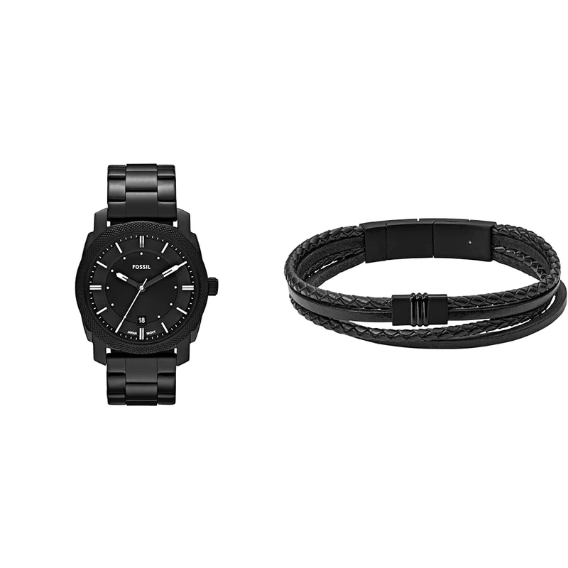 FOSSIL Men's Machine Black Stainless Steel Watch and Townsman Bracelet, Set