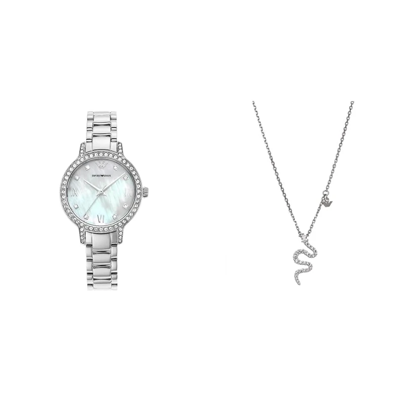 Emporio Armani Women's Silver-Tone Stainless Steel Watch and Necklace, Set