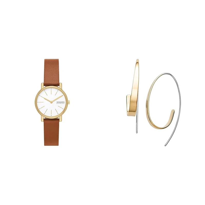 Skagen Women's Signatur Lille Brown Leather Watch and Kariana Gold-Tone Stainless Steel Earrings, Set