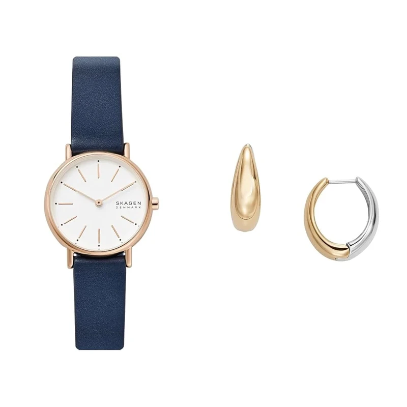 Skagen Women's Signatur Lille Blue Leather Watch and Linje Modern Two-Tone Stainless Steel Earrings, Set