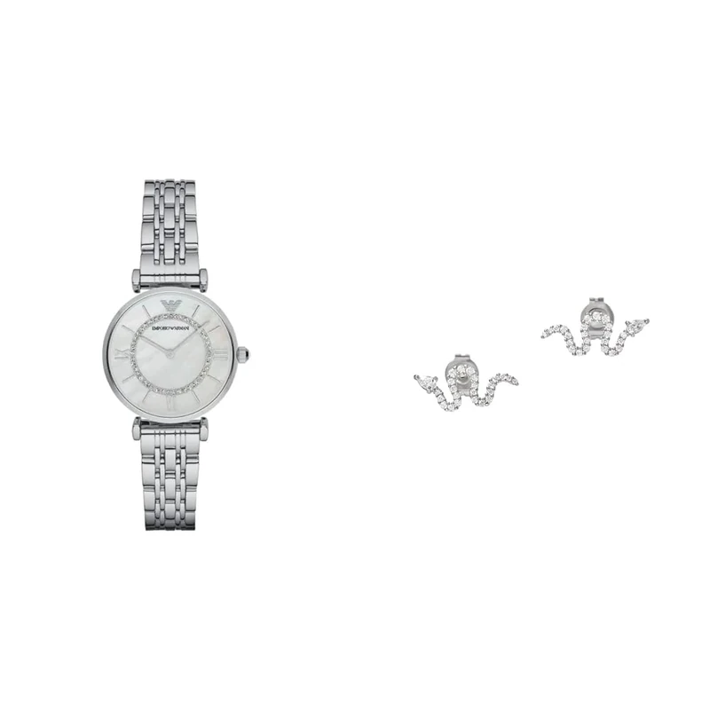 Emporio Armani Women's Silver-Tone Stainless Steel Watch and Earring, Set