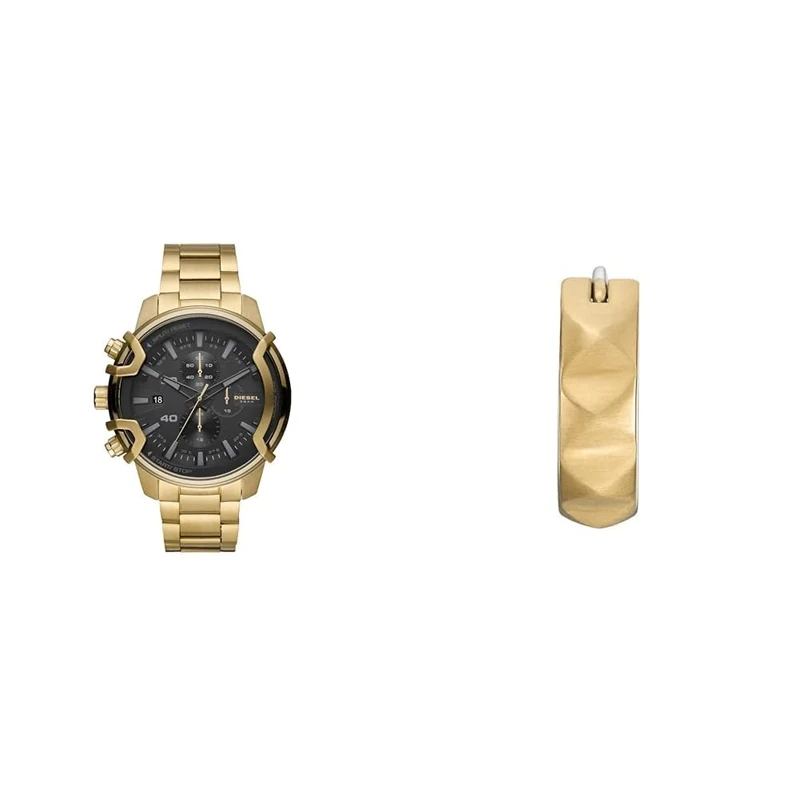 Diesel Men's Griffed Gold-Tone Stainless Steel Watch and Earrings, Set