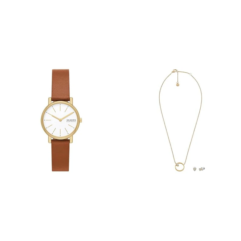 Skagen Women's Signatur Lille Brown Leather Watch and Gold-Tone Stainless Steel Giftset