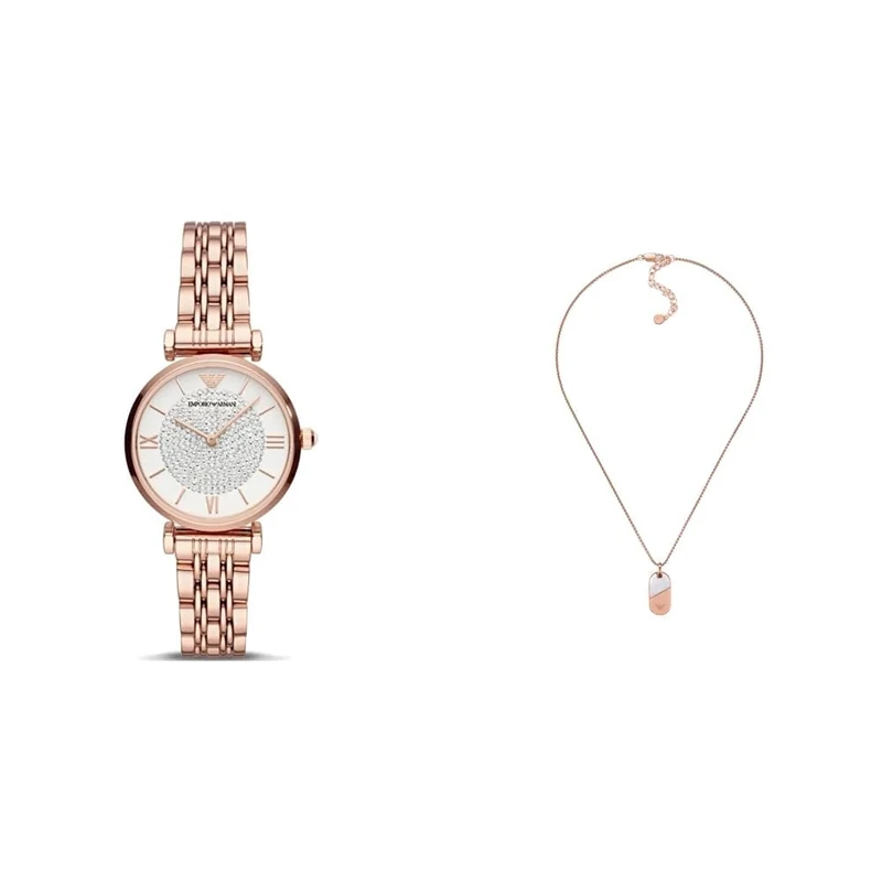 EMPORIO ARMANI Women's Rose Gold-Tone Stainless Steel Watch and Necklace, Set