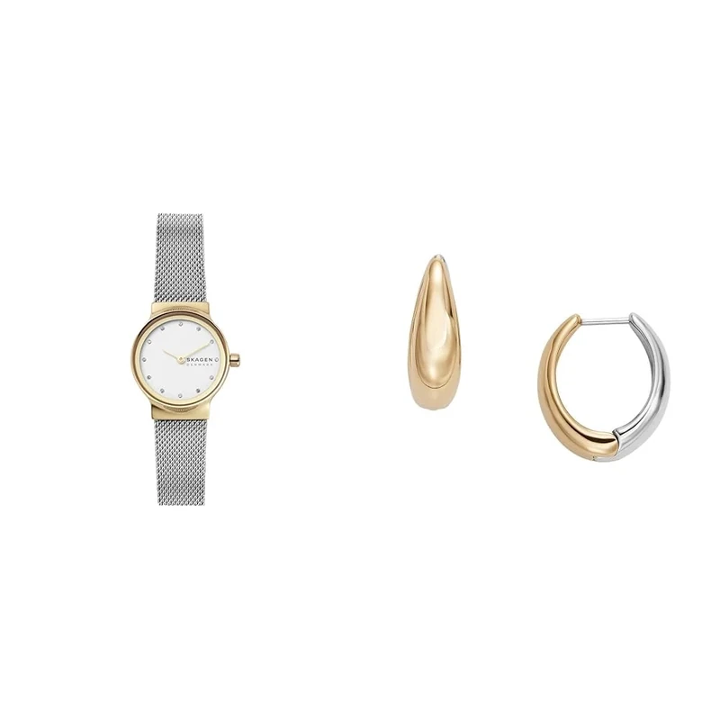 Skagen Women's Freja Lille Silver-Tone Stainless Steel Watch and Linje Modern Two-Tone Earrings, Set