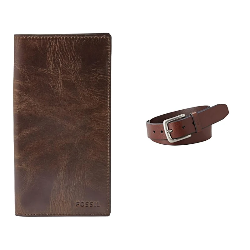 FOSSIL Men's Derrick Brown Leather Wallet and Joe Belt, Set