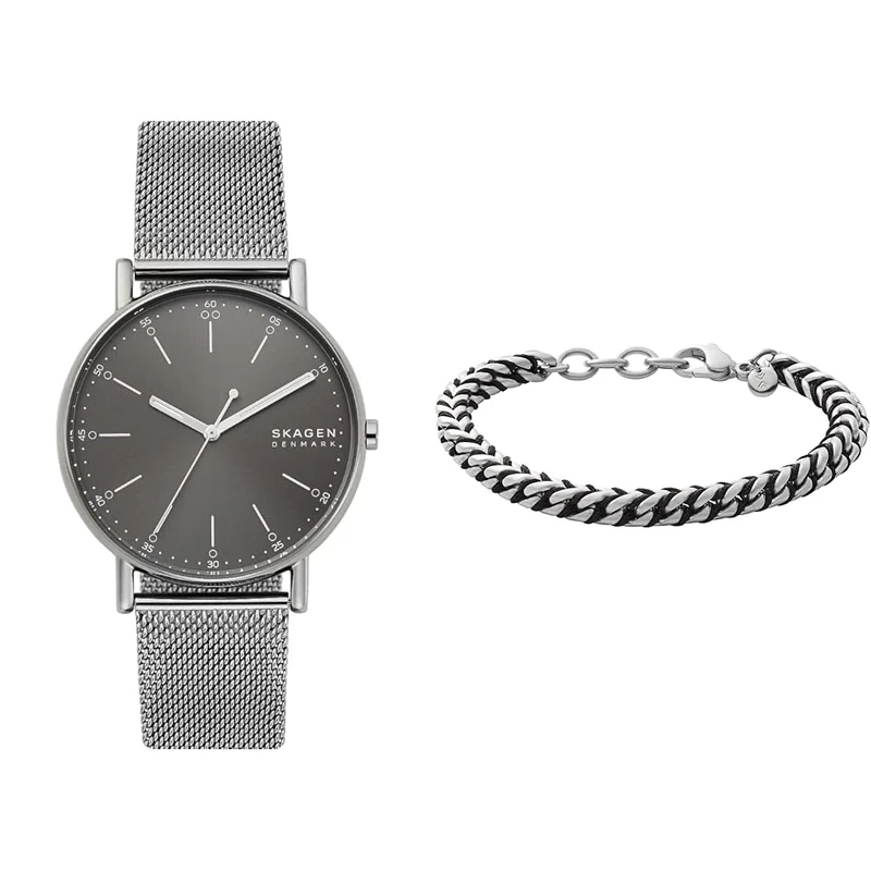 Skagen Men's Signatur Grey Stainless Steel Watch and Hulsten Silver-Tone Bracelet, Set