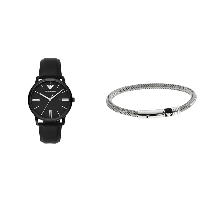 Emporio Armani Men's Black Leather Watch and Silver-Tone Stainless Steel Bracelet, Set