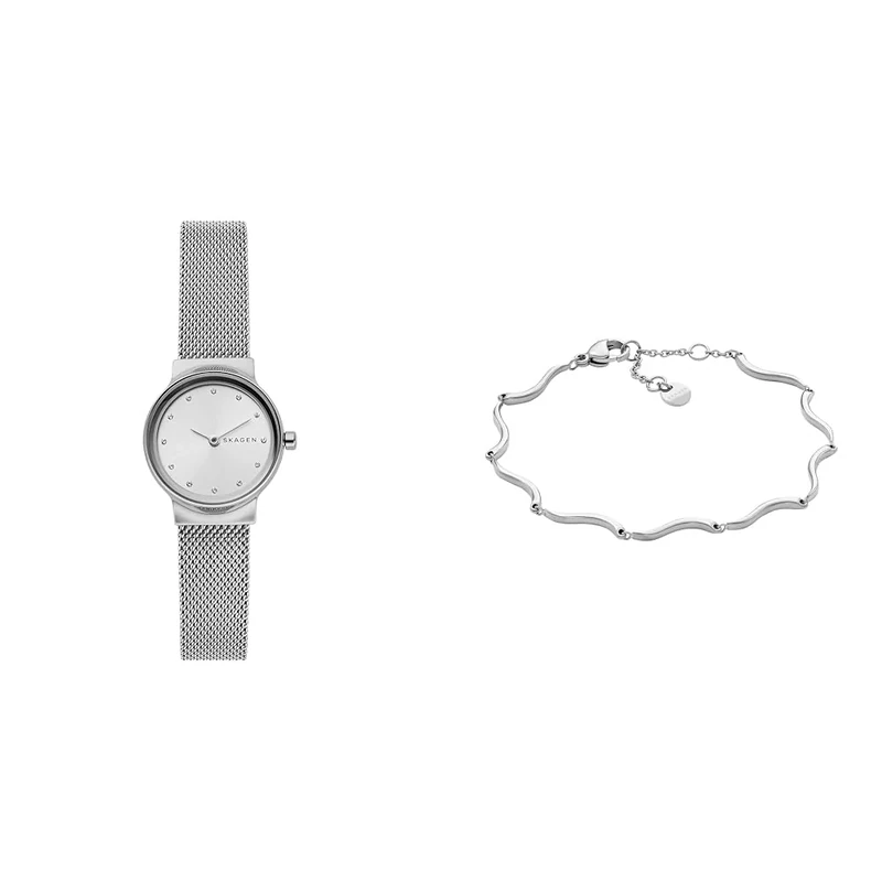 Skagen Women's Freja Lille Silver-Tone Stainless Steel Watch and Essential Waves Bracelet, Set - Image 1