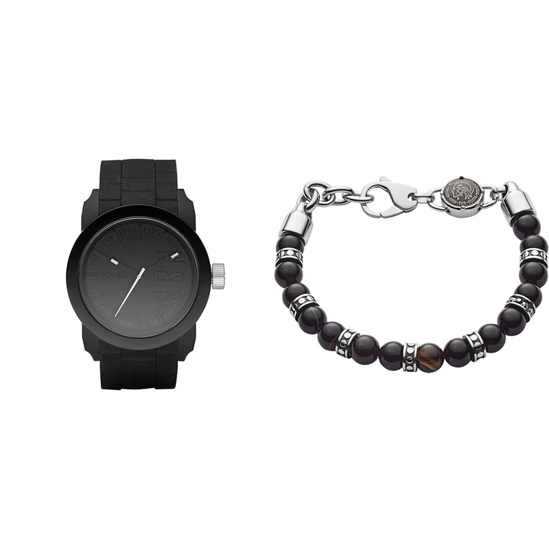 Diesel Men's Double Down S44 Black Silicone Watch and Semi-Precious Bracelet, Set