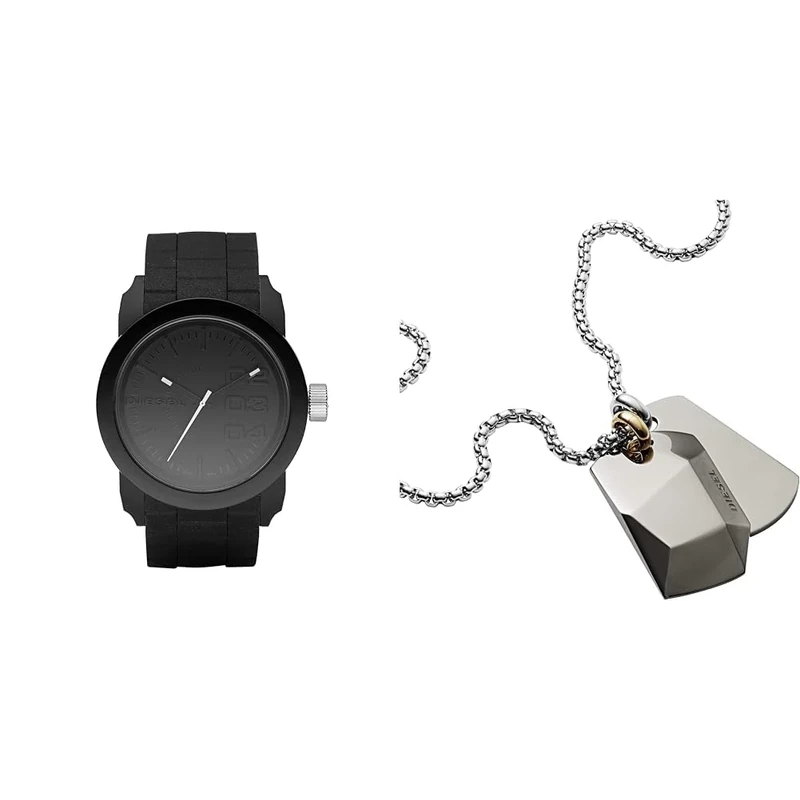 Diesel Men's Double Down S44 Black Silicone Watch and Silver-Tone Stainless Steel Necklace, Set
