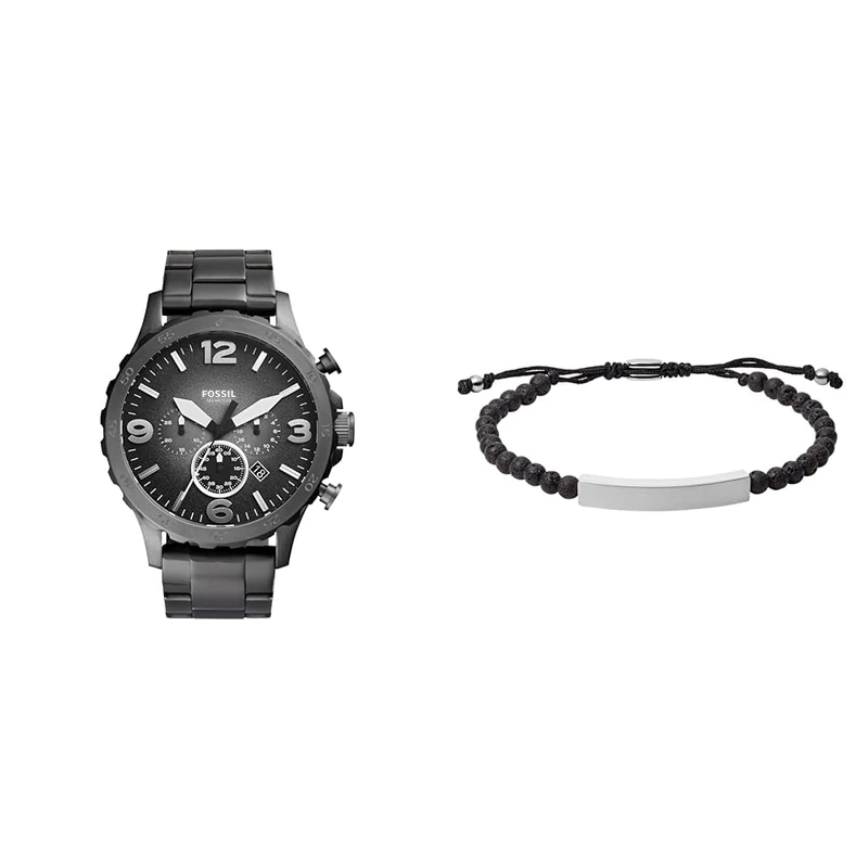 FOSSIL Men's Nate Grey Stainless Steel Watch and Ellis Black Semi-Precious Bracelet, Set