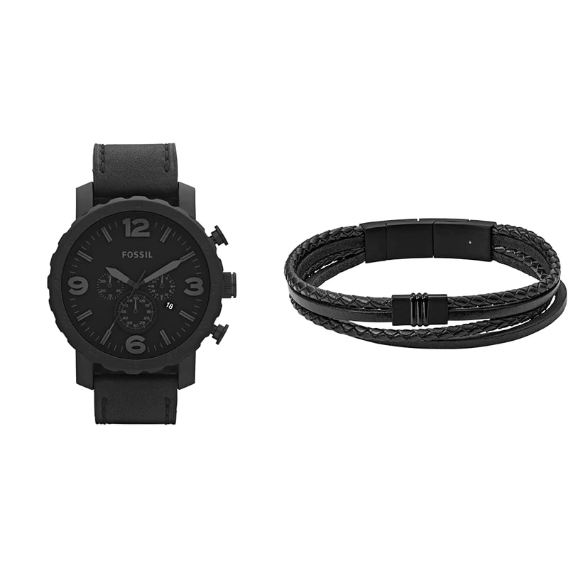 FOSSIL Men's Nate Black Leather Watch and Townsman Stainless Steel Bracelet, Set