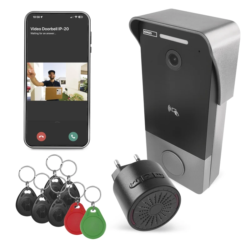 EMOS GoSmart Video Doorbell with App - 1-Wire Ethernet Connection - Waterproof Smart Home Video Bell - Full HD 2 MP Camera - Includes Bell, Power Supply, RFID Chips and Mounting Accessories - Image 1