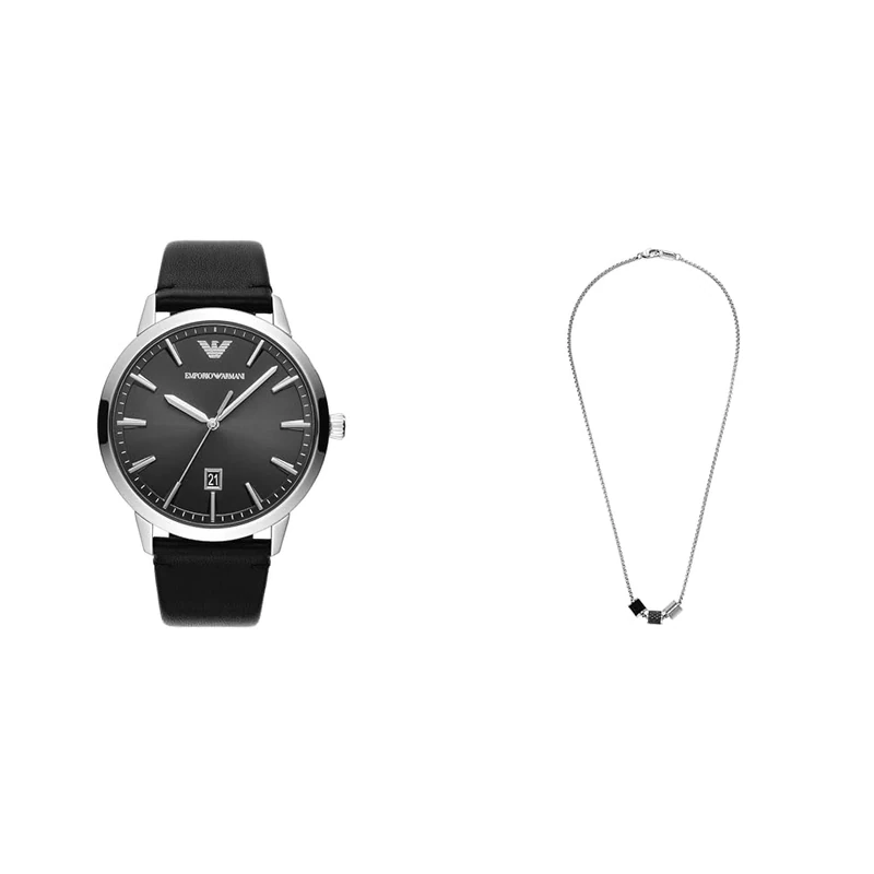 EMPORIO ARMANI Men's Black Leather Watch and Silver-Tone Stainless Steel Necklace, Set