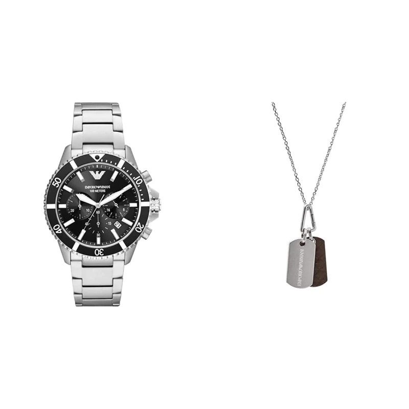 EMPORIO ARMANI Men's Silver-Tone Stainless Steel Watch and Necklace, Set