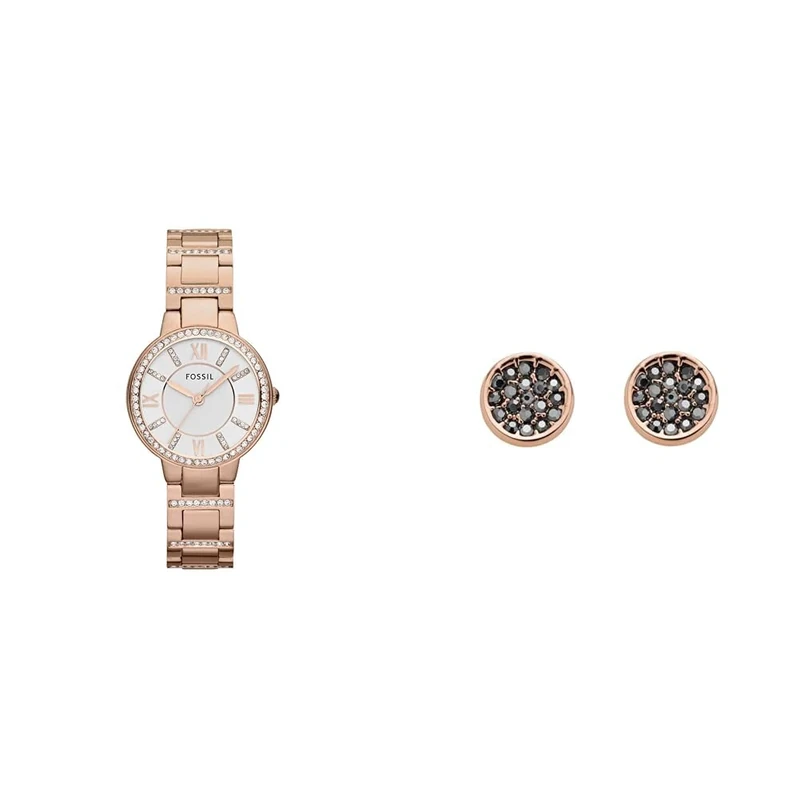 FOSSIL Women's Virginia Rose Gold-Tone Stainless Steel Watch and Brass Earrings, Set