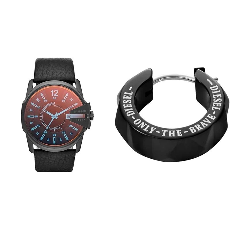 Diesel Men's Master Chief Black Leather Watch and Stainless Steel Earrings, Set