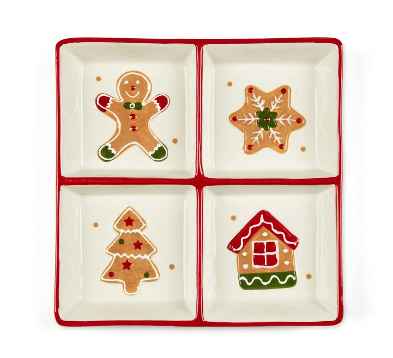 Excelsa Wonderful Ginger Ceramic Christmas Tray Plate, 4 Compartments, Gingerbread Decoration, 20 x 20 cm