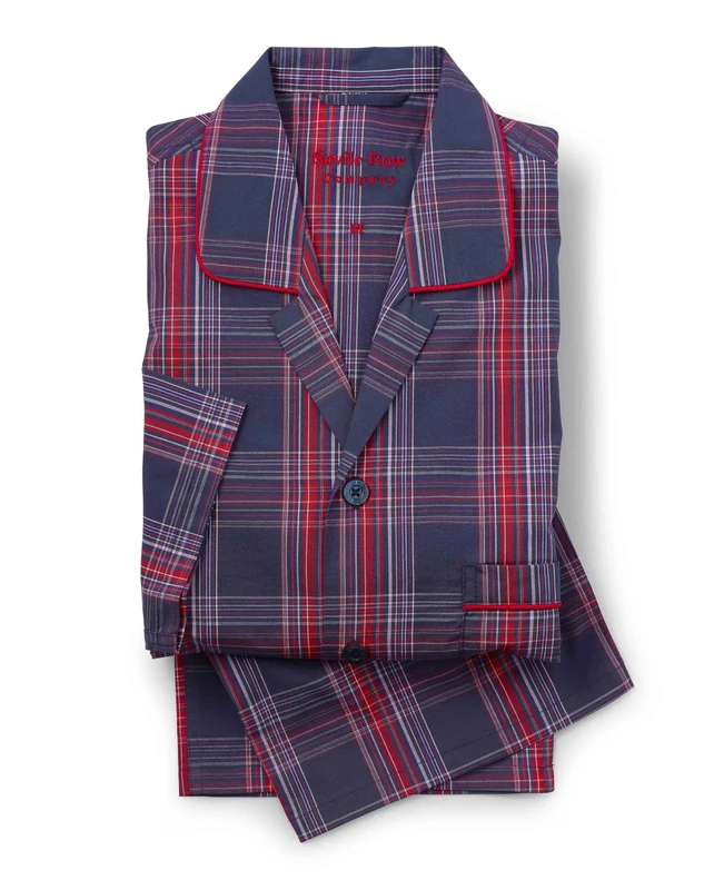 THE SAVILE ROW COMPANY LONDON Men's Luxury 100% Soft Cotton Poplin Pyjamas - Navy Red Window Check - Large