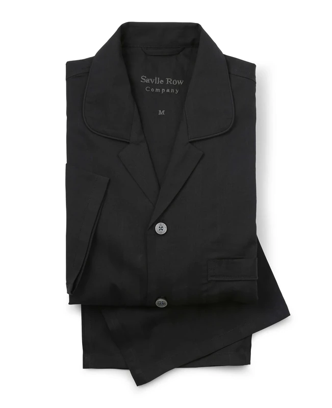 THE SAVILE ROW COMPANY LONDON Men's Luxury 100% Soft Cotton Poplin Pyjamas - Black Satin Stripe With Piping - Extra Large