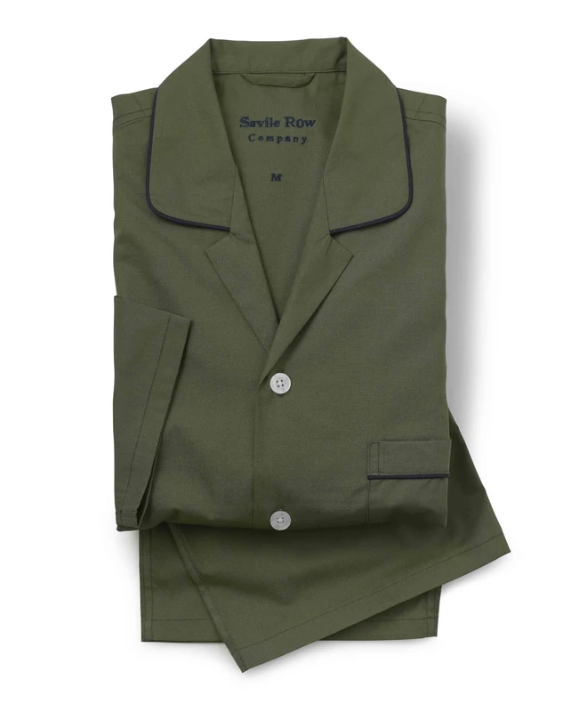 THE SAVILE ROW COMPANY LONDON Men's Luxury 100% Soft Cotton Poplin Pyjamas - Khaki With Piping - Medium
