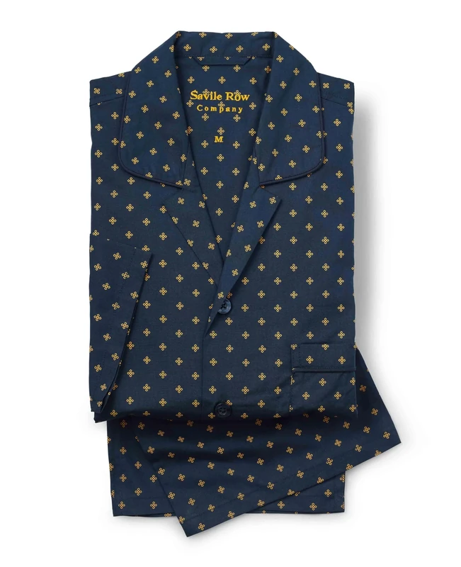 THE SAVILE ROW COMPANY LONDON Men's Luxury 100% Soft Cotton Poplin Pyjamas - Navy Yellow Fleur-De-Lys Print - Medium