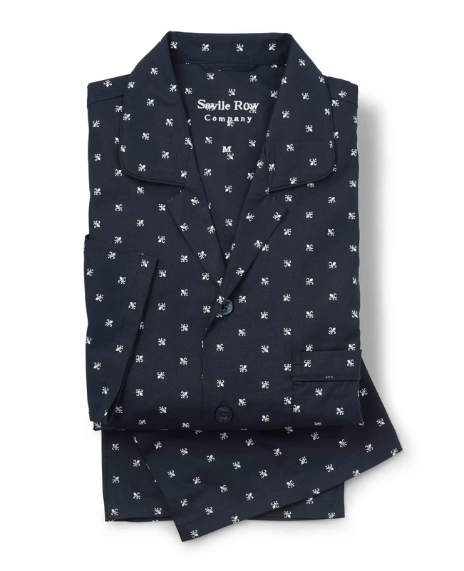 THE SAVILE ROW COMPANY LONDON Men's Luxury 100% Soft Cotton Poplin Pyjamas - Navy Fleur-De-Lys Print - Medium