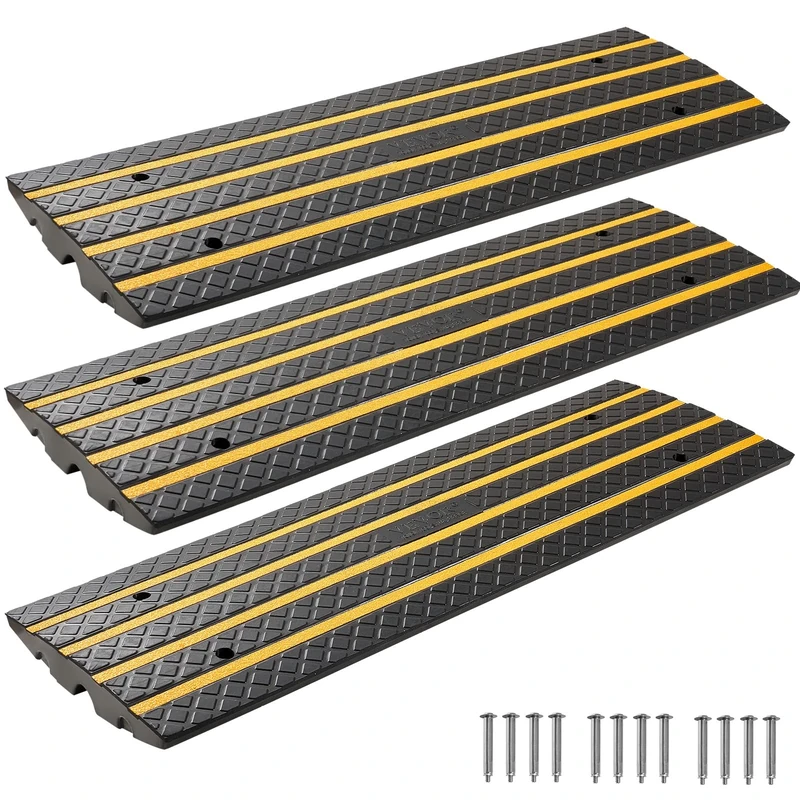 VEVOR Car Driveway Rubber Curb Ramp, 15 Tons Load Capacity, 66 mm Rise Curbside Bridge Ramp with Yellow Reflective Strips, Suitable for Loading Dock, Warehouse, Garage, Sidewalk (3 Pack)