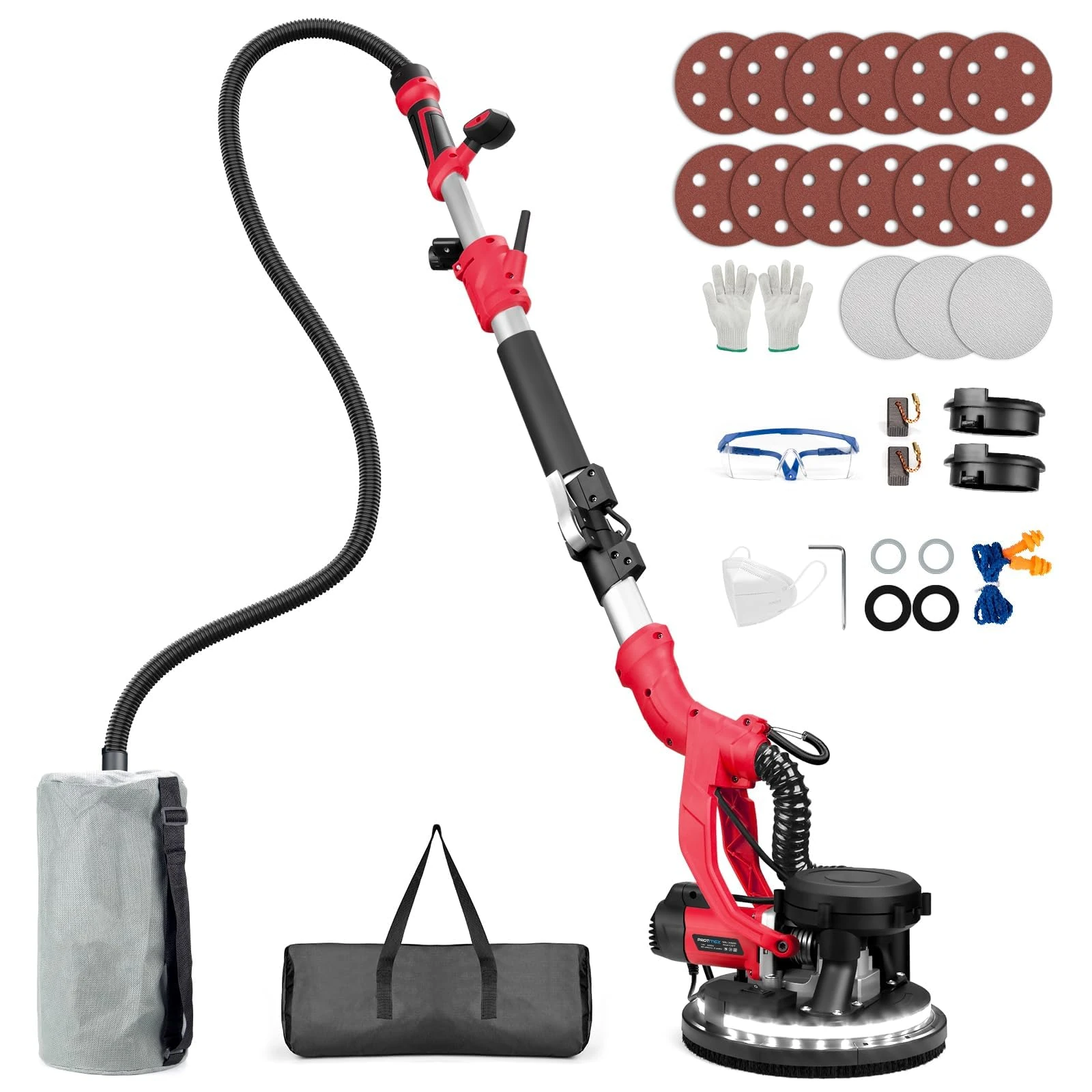 Protmex Drywall Sander - 1000W Wall Sander with Vacuum Dust Collection and LED Light 6 Speed 800-2200RPM 15Pcs Sanding Discs Foldable Extendable Electric Sanding Machine for Walls Popcorn Ceiling, Red