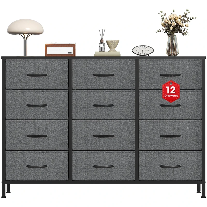 Feonase Chest of Drawers with 12 Drawers,Bedroom Drawers, Fabric Dresser with Wood Top,Drawer storage unit for for Bedroom, Living room (Deep Gray)