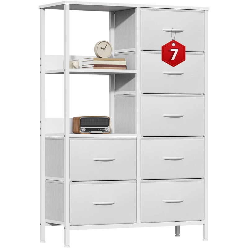Feonase Chest of Drawers, 7 Fabric Drawers Cabinet with Open Shelves, Wood Top and Sturdy Steel Frame for Bedroom, Living Room(White)