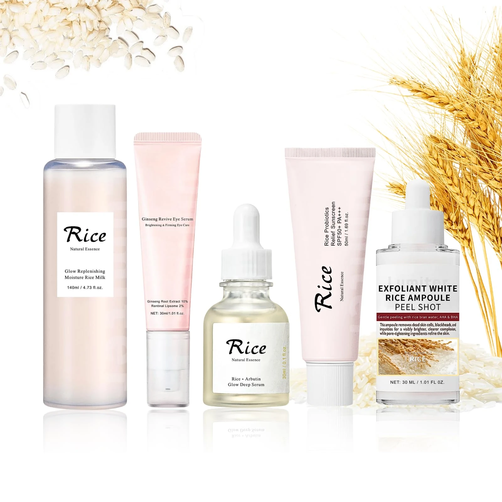 5PCS Rice Korean Skin Care Sets, Rice Skincare Set, Glowing Glass Skin Facial Kit, Pamper Gifts for Women Girls, Hydrates & Soothes (Peel Shot Glow Rice Ampoule,Toner,Serum, Eye Cream,Sunscreen)