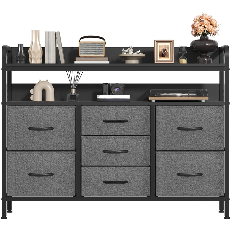 Feonase 7-Drawer Fabric Chest Of Drawers for Bedroom - 4 Large and 3 Small Drawers with Handles, Storage Organizer with Open Shelf & Sturdy Metal Frame, Ideal for Living Room/Entryway (Deep Gray)