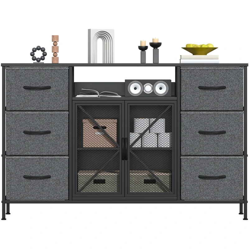 Feonase Chest of Drawers with 6 Drawers& Mesh Doors,Bedroom Drawers, Fabric Dresser with Wood Top,TV Stand Storage Unit for Bedroom, Living room(Deep Gray)