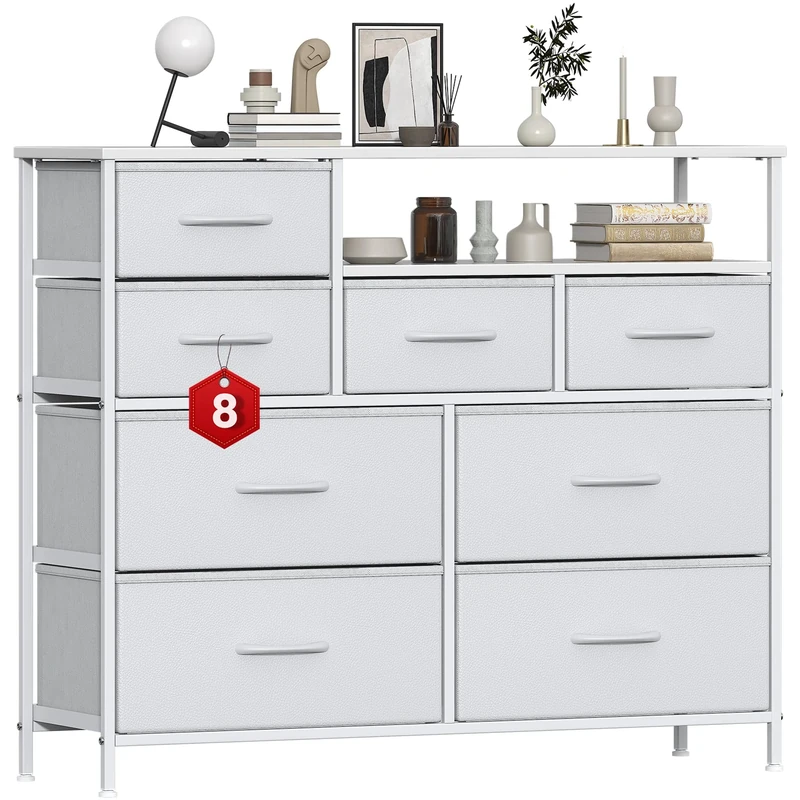 Feonase Chest of Drawers Bedroom, 8 Fabric Drawers with 2Top Open Shelves, Suitable for Bedrooms, Living Rooms(White)
