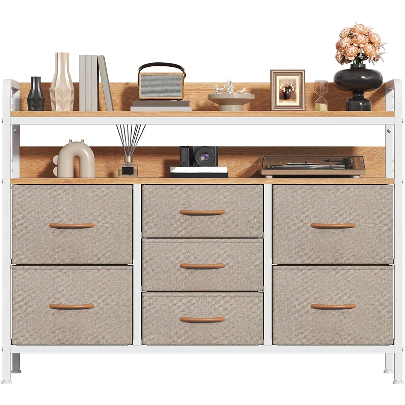 Feonase 7-Drawer Fabric Chest Of Drawers for Bedroom - 4 Large and 3 Small Drawers with Handles, Storage Organizer with Open Shelf & Sturdy Metal Frame, Ideal for Living Room/Entryway (Beige)