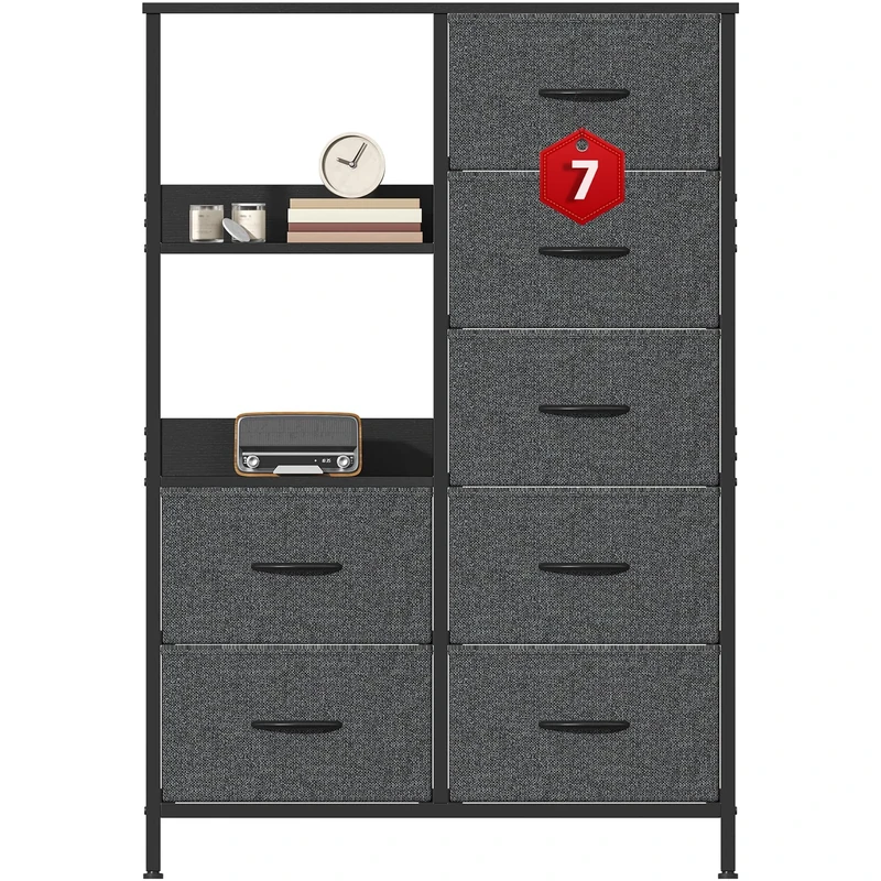 Feonase Chest of Drawers, 7 Fabric Drawers Cabinet with Open Shelves, Wood Top and Sturdy Steel Frame for Bedroom, Living Room (Deep Gray)