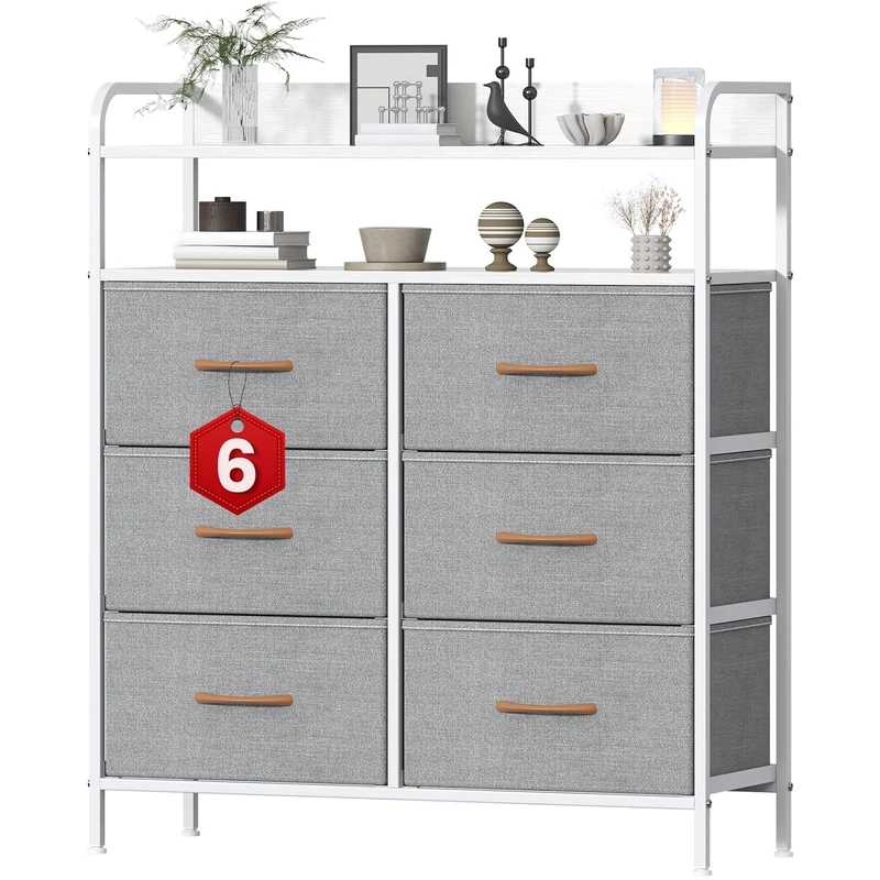Feonase 6 Drawer Fabric Chest Of Drawers, Double Wooden Top Fabric Storage Tower - Sturdy Steel Frame Dresser for Bedroom/Living Room/Baby Room, Large Capacity Storage Organizer (Light Gray)