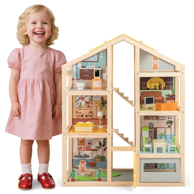 FANTASK Colourful Wooden Dollhouse with Complete Furniture & Accessories, 3 Levels DIY Dollhouse with Garage & Opening Door, for Girls and Boys from 2 Years - Image 1