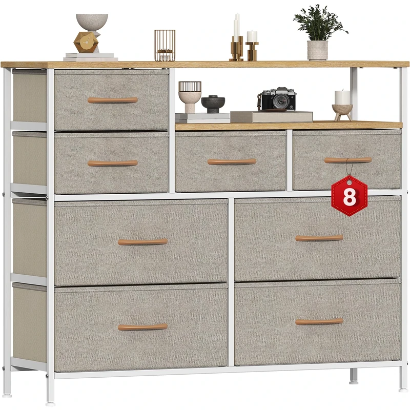 Feonase Chest of Drawers Bedroom, 8 Fabric Drawers with 2Top Open Shelves, Suitable for Bedrooms, Living Rooms(Beige)