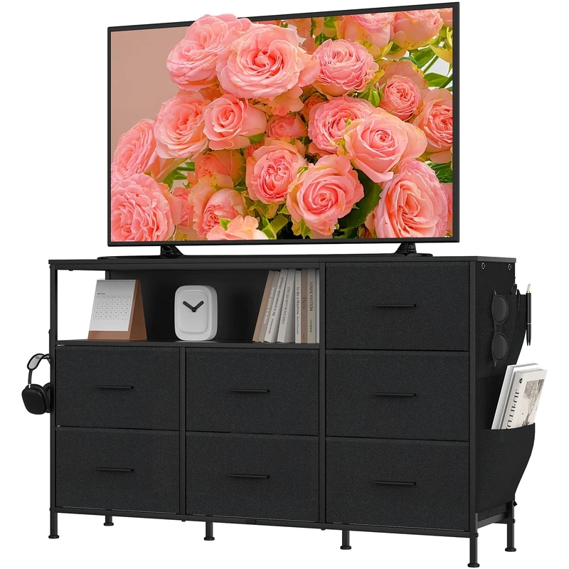 Feonase 7-Drawer Fabric Chest of Drawers – Black Storage Organizer with Side Pockets, Hooks & Open Shelves for Bedroom, Living Room,Black