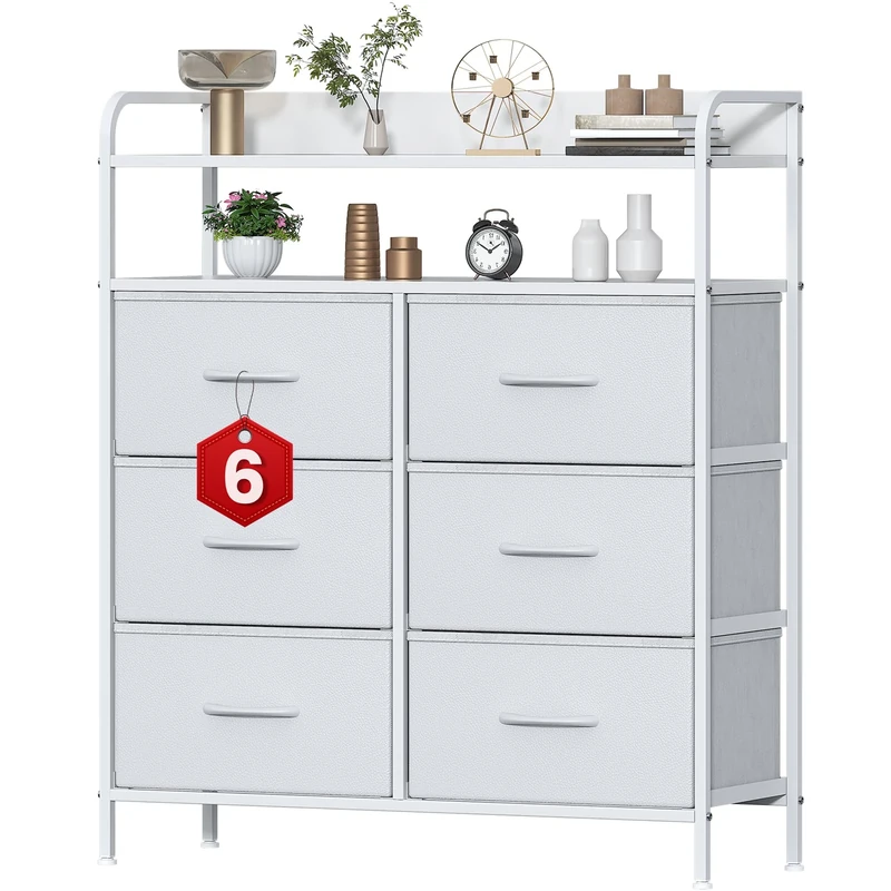 Feonase 6 Drawer Fabric Chest Of Drawers, Double Wooden Top Fabric Storage Tower - Sturdy Steel Frame Dresser for Bedroom/Living Room/Baby Room, Large Capacity Storage Organizer (White)
