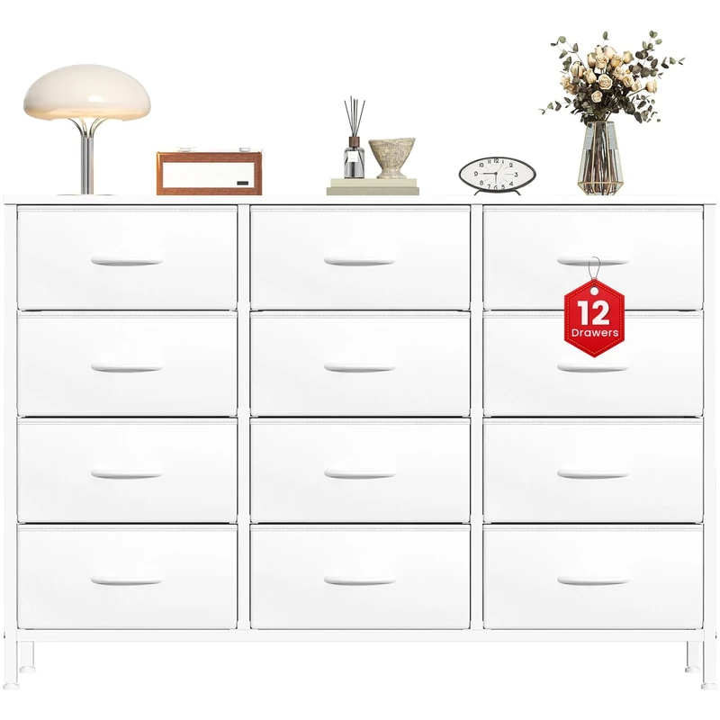 Feonase Chest of Drawers with 12 Drawers,Bedroom Drawers, Fabric Dresser with Wood Top,Drawer storage unit for for Bedroom, Living room(White)